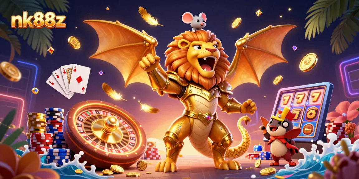 Experience thrilling gameplay at nk88z with a magical casino scene featuring a roaring chimera and treasure.