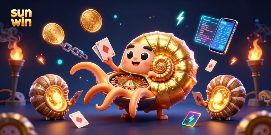 Engage with sun win gameplay in a vibrant 3D casino illustration featuring unique characters and crypto elements.
